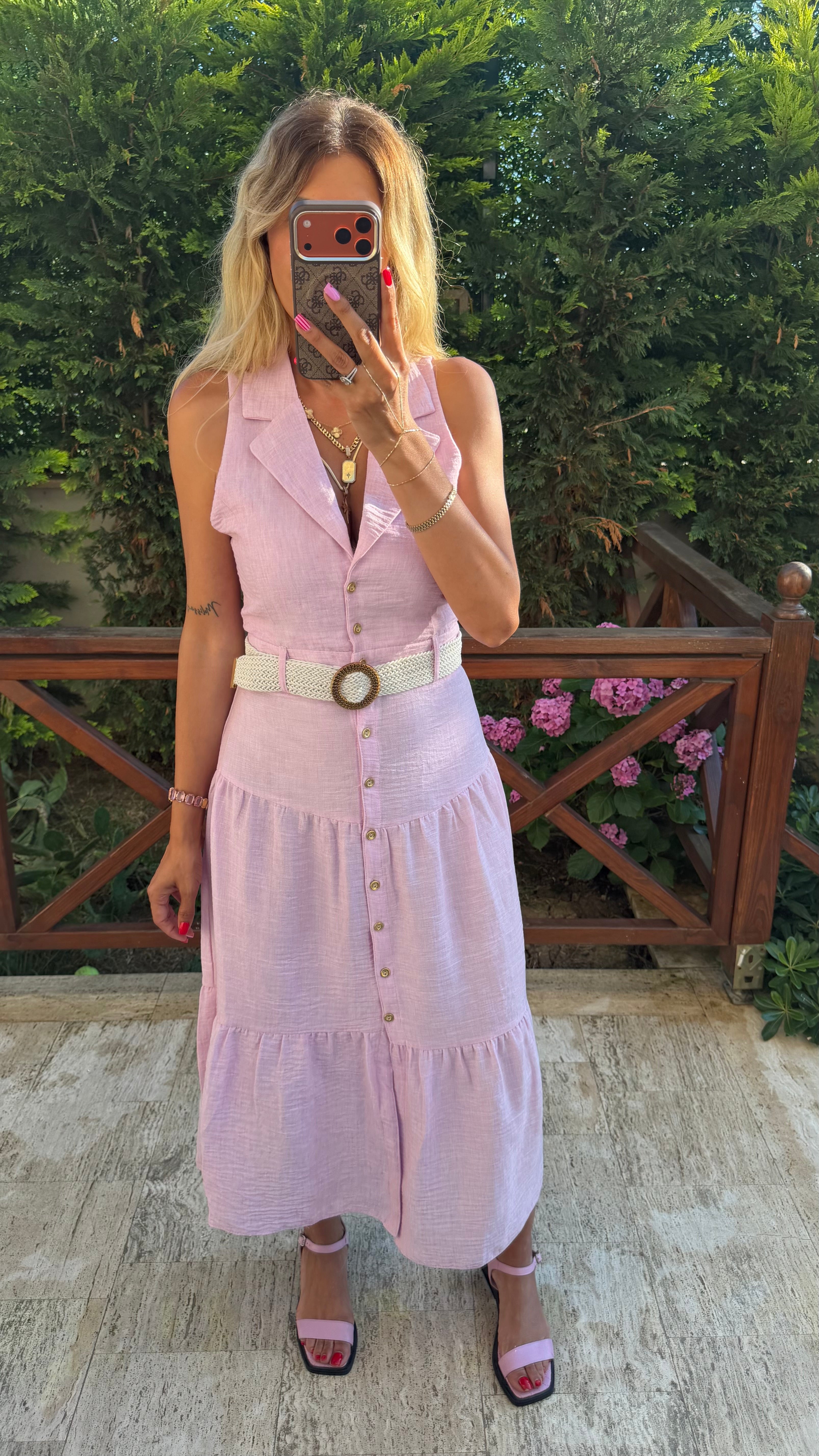 Pembe Kemer Detaylı Keten Midi Elbise
