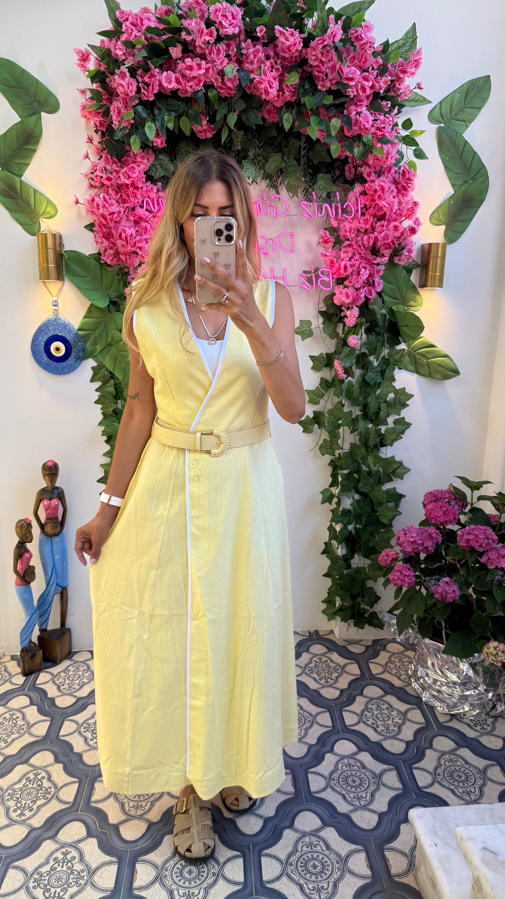 Linen Touch Kemerli Kruvaze Yazlık Elbise Sarı
