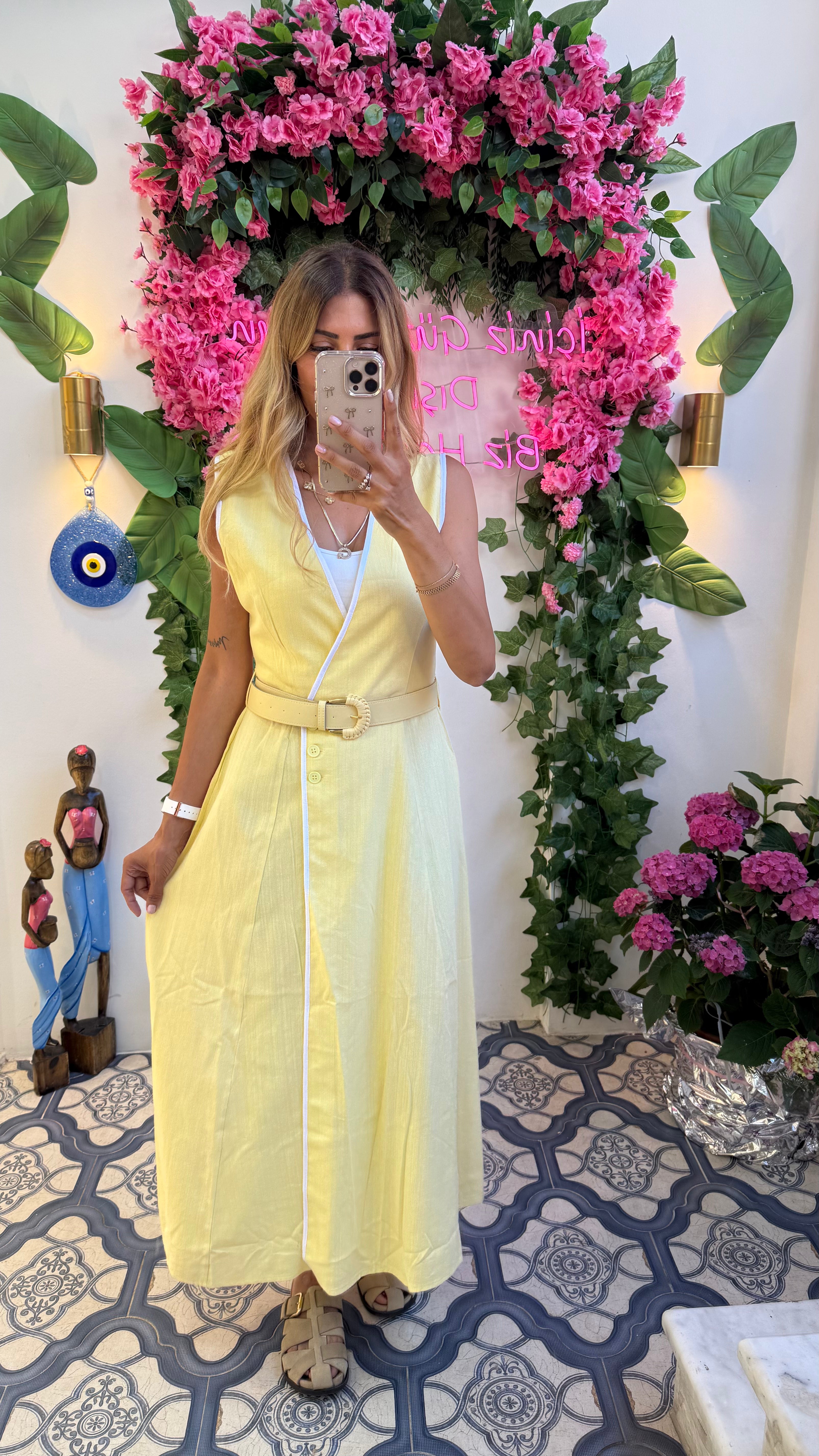 Linen Touch Kemerli Kruvaze Yazlık Elbise Sarı