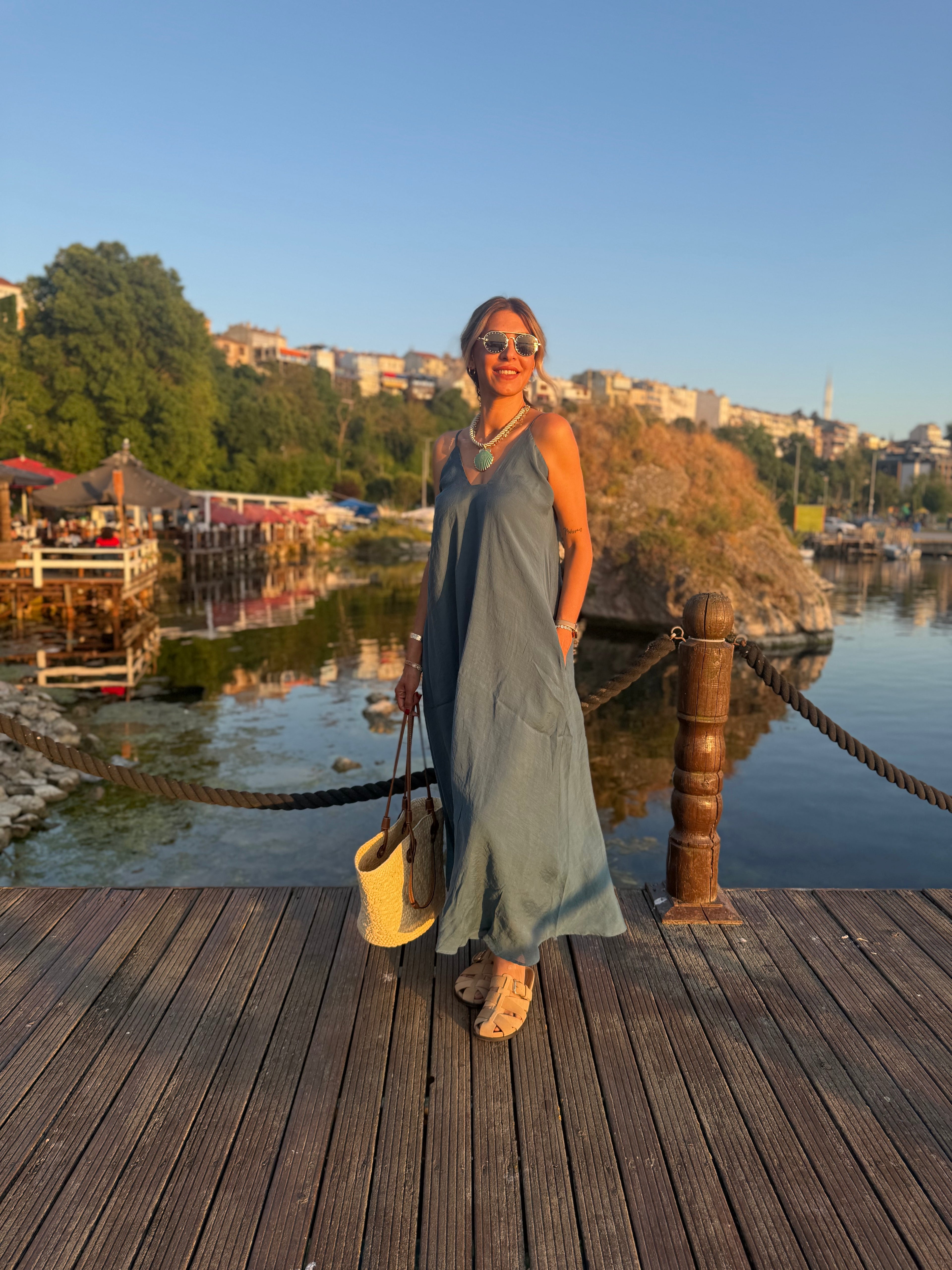 Ocean Whisper Askılı Salaş Yazlık Uzun Elbise Mavi
