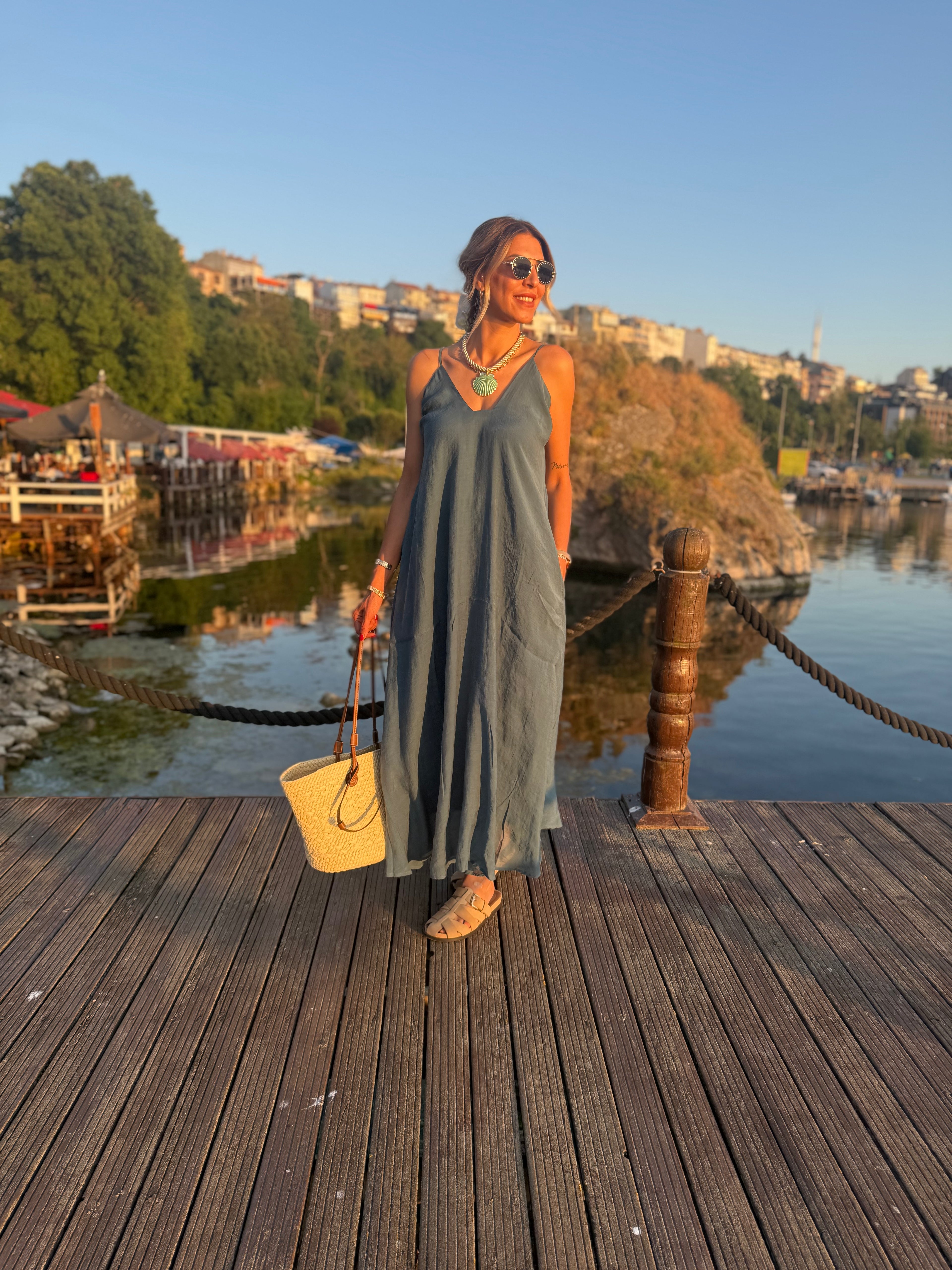 Ocean Whisper Askılı Salaş Yazlık Uzun Elbise Mavi