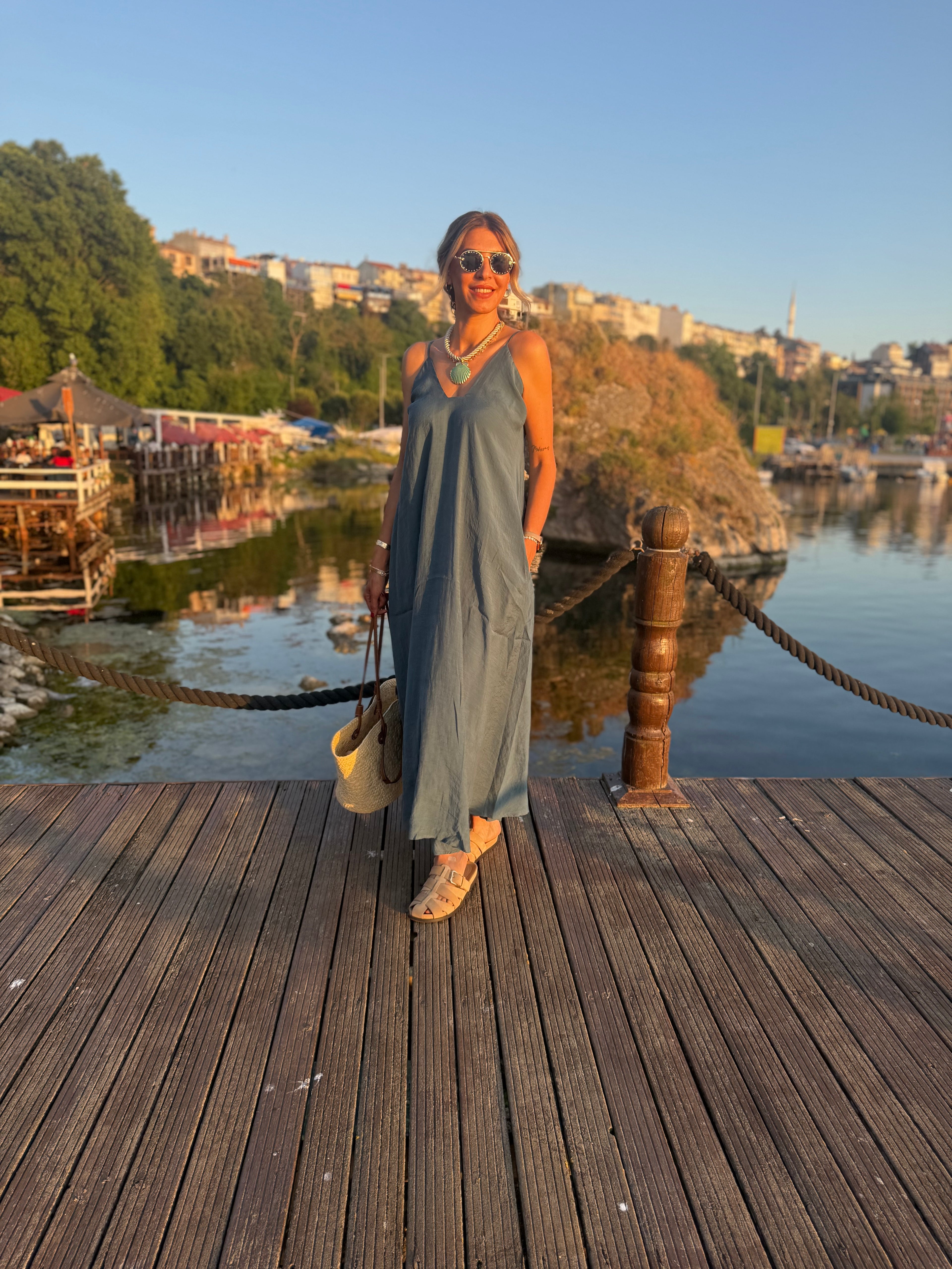 Ocean Whisper Askılı Salaş Yazlık Uzun Elbise Mavi