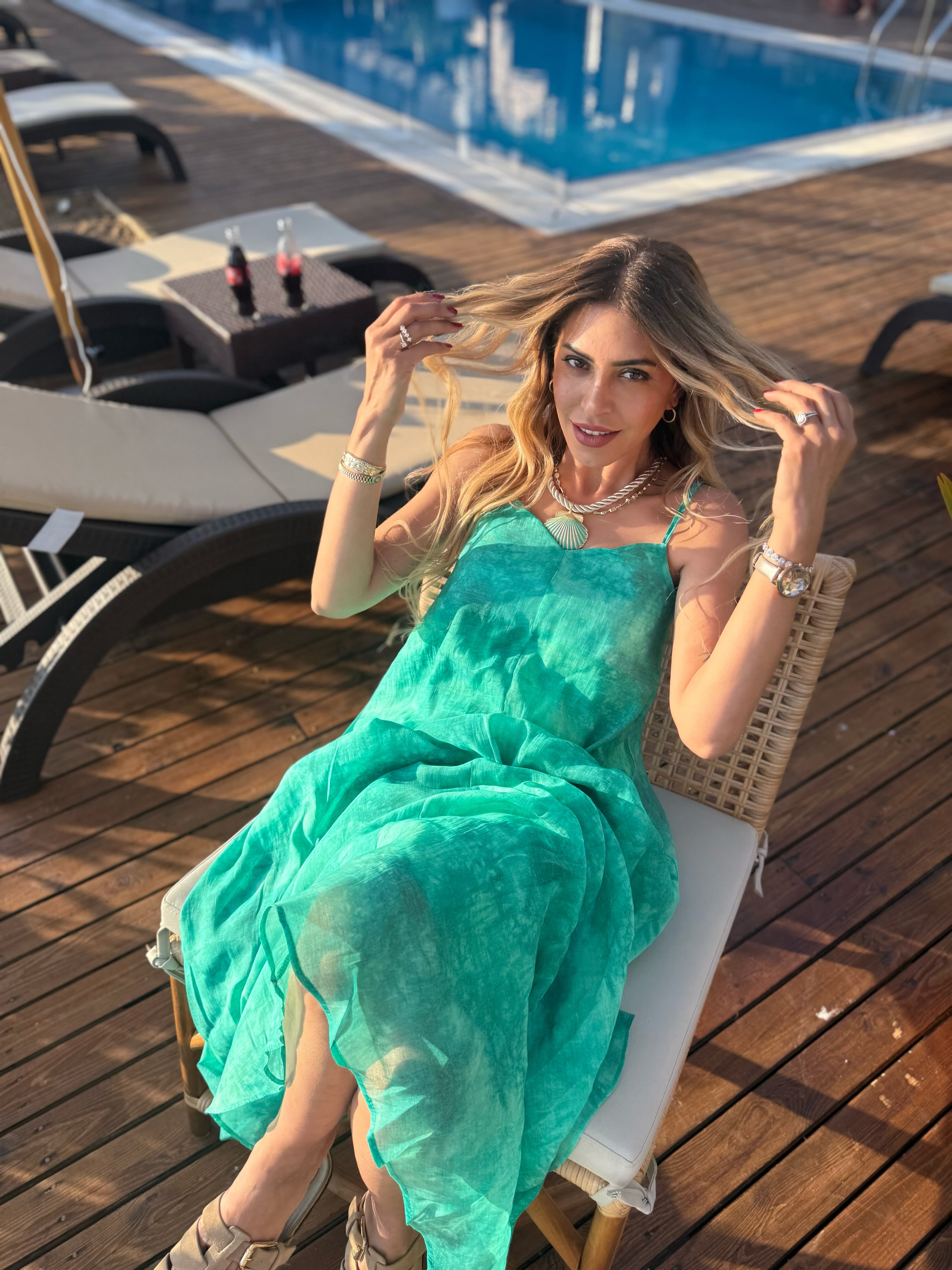 Sunset Flow Askılı Yazlık Uzun Elbise Yeşil