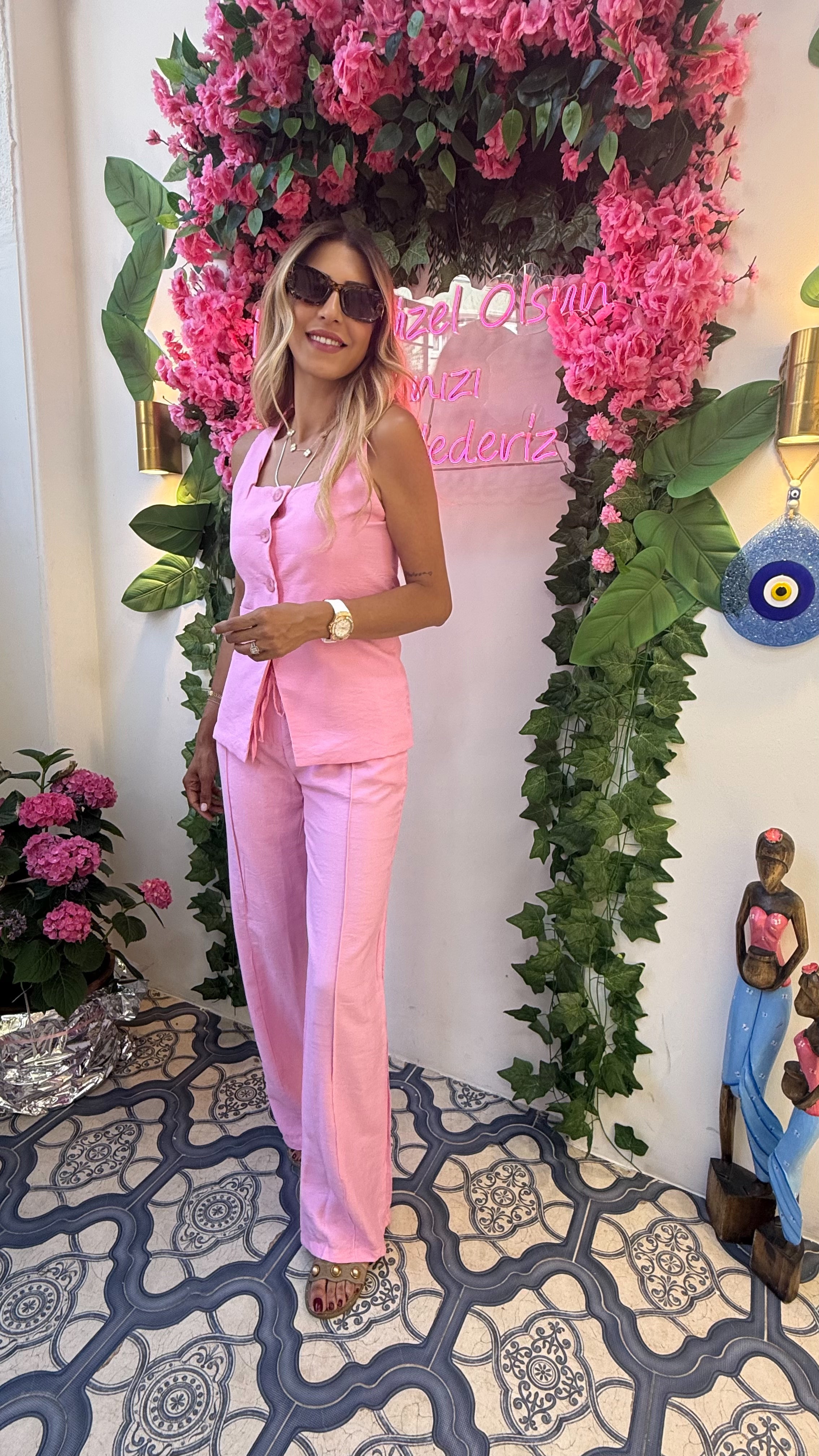 Coastal Ease Düğmeli Askılı İkili Yazlık Takım Pembe