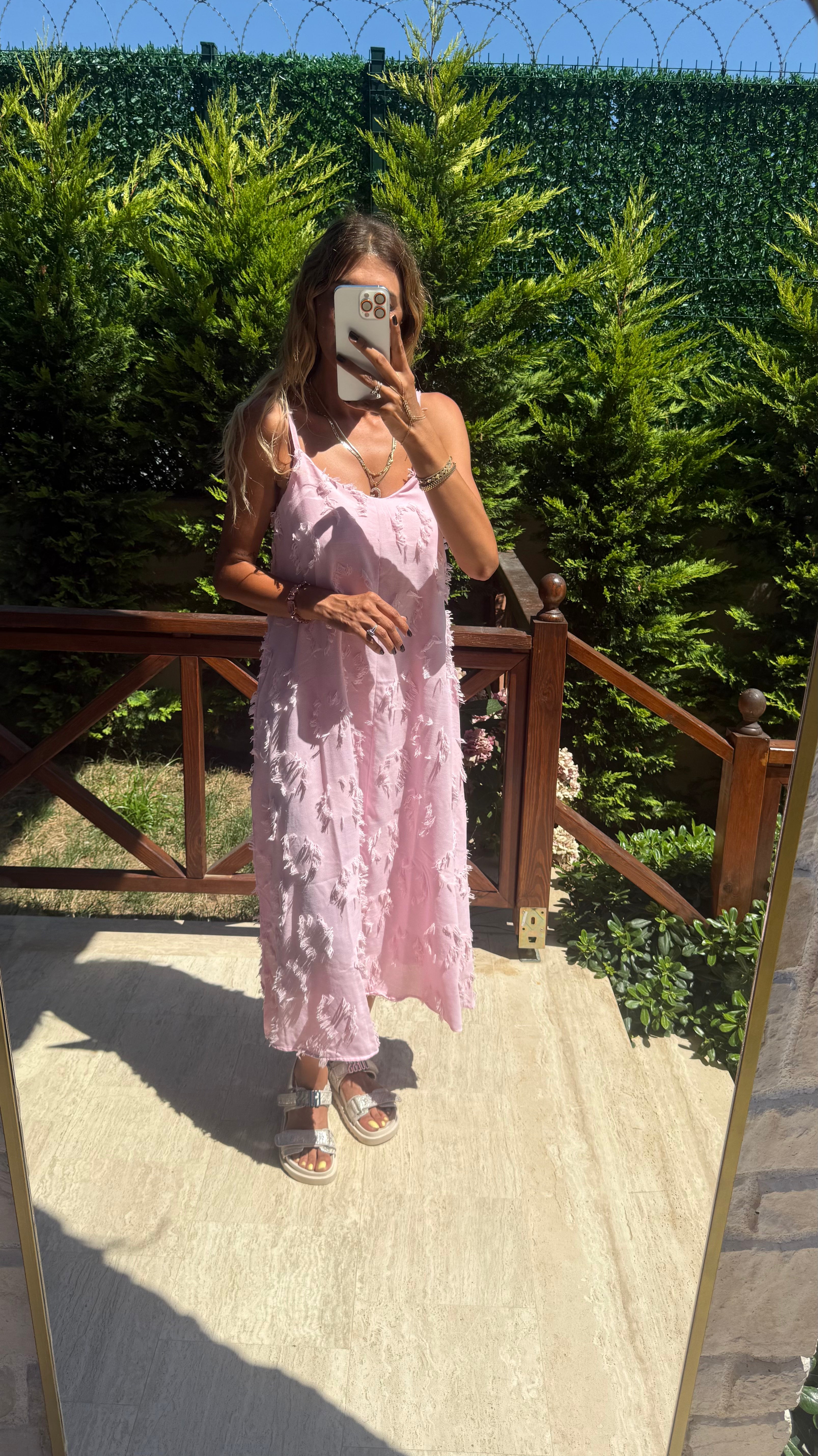 Sun Petals Askılı Dokulu Yazlık Midi Elbise Pembe