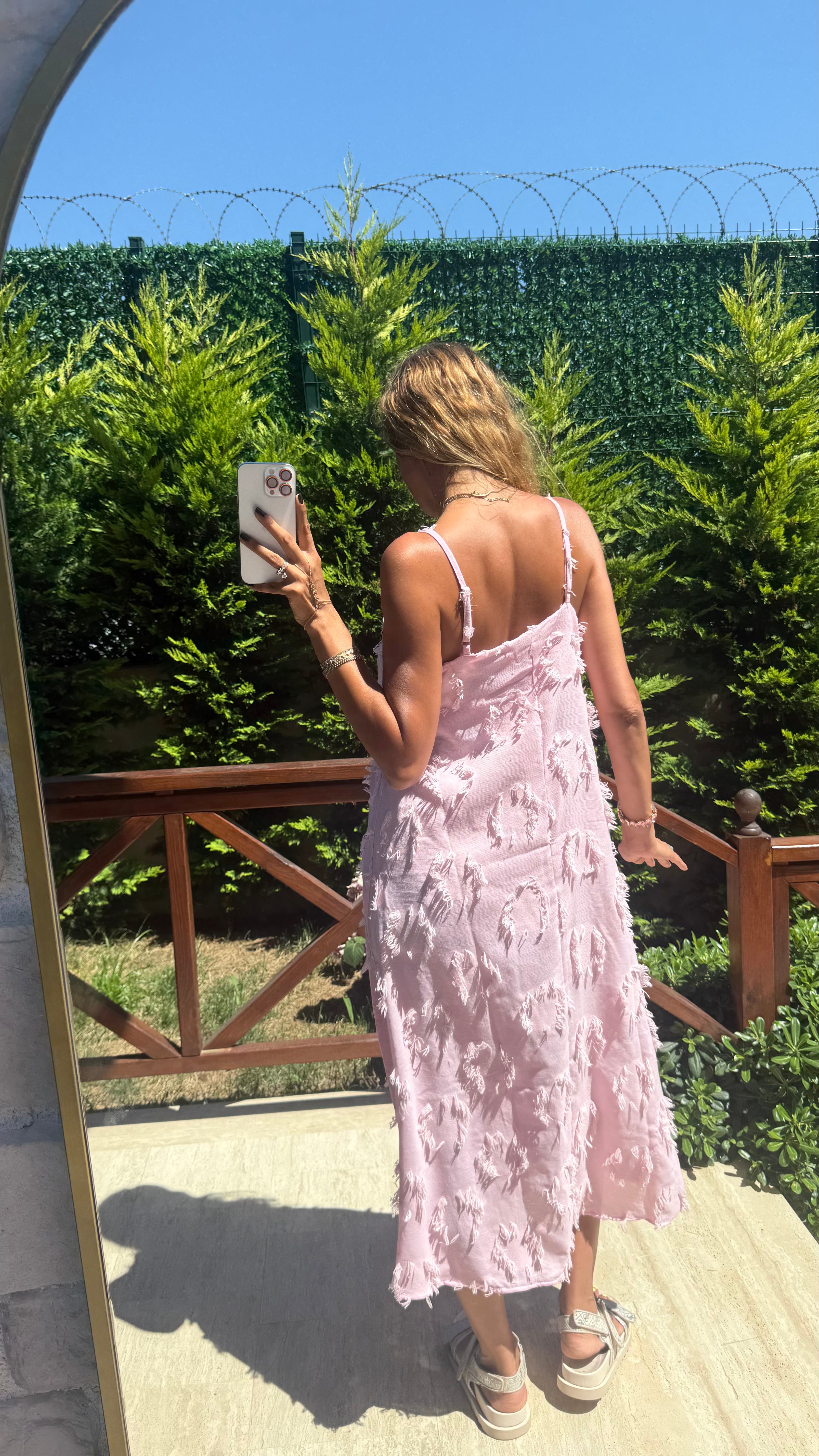 Sun Petals Askılı Dokulu Yazlık Midi Elbise Pembe
