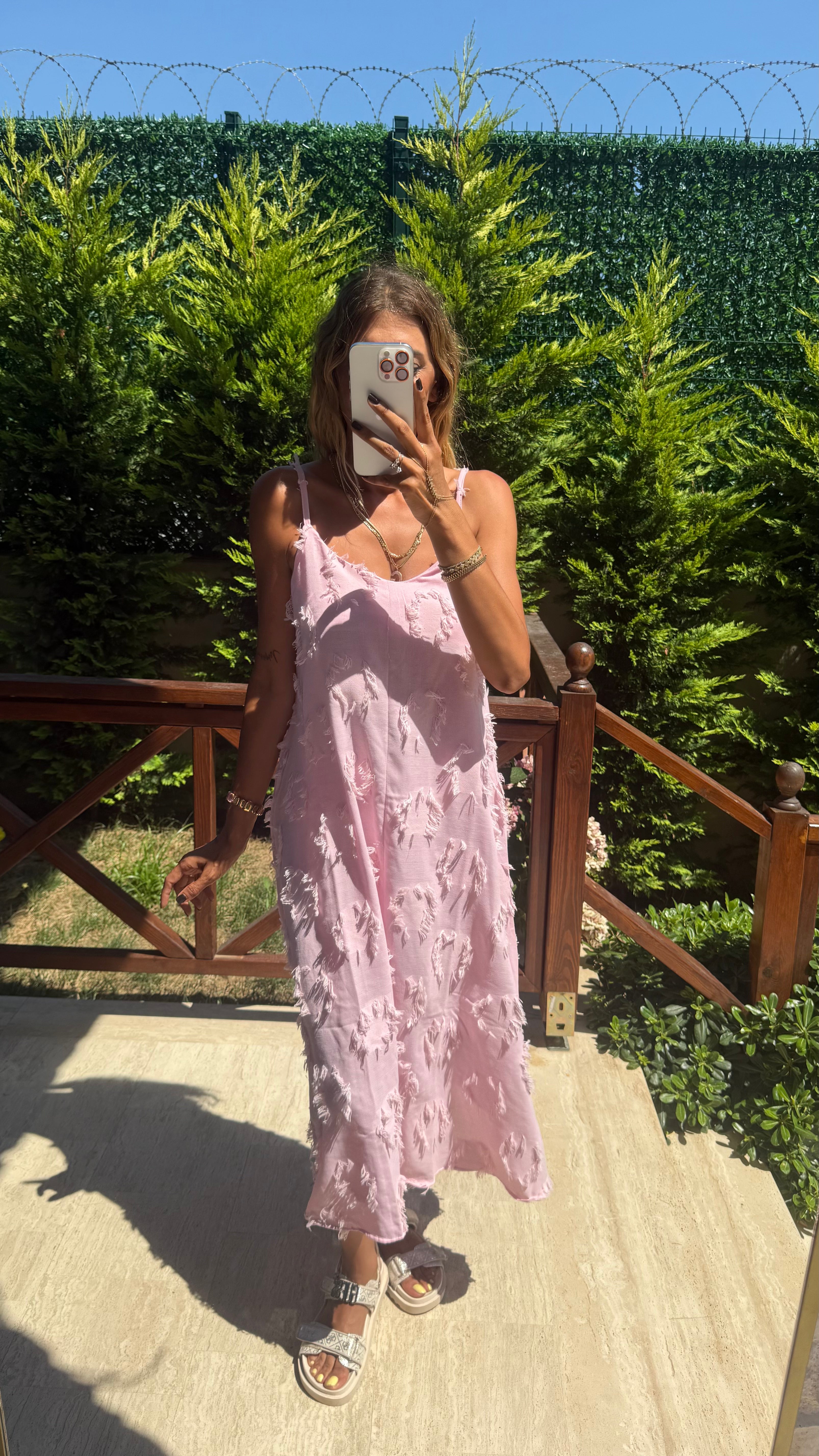 Sun Petals Askılı Dokulu Yazlık Midi Elbise Pembe