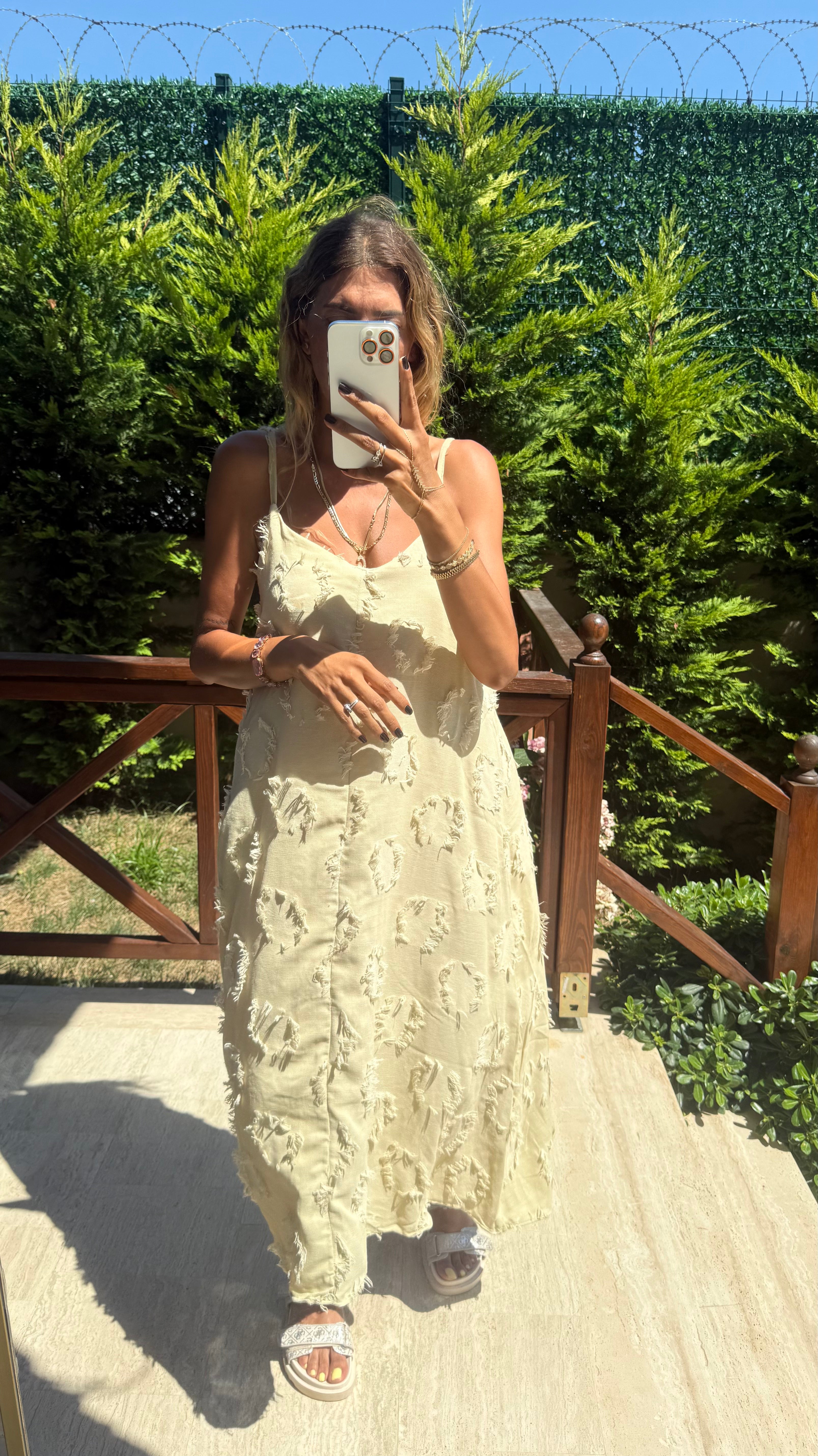 Sun Petals Askılı Dokulu Yazlık Midi Elbise Bej