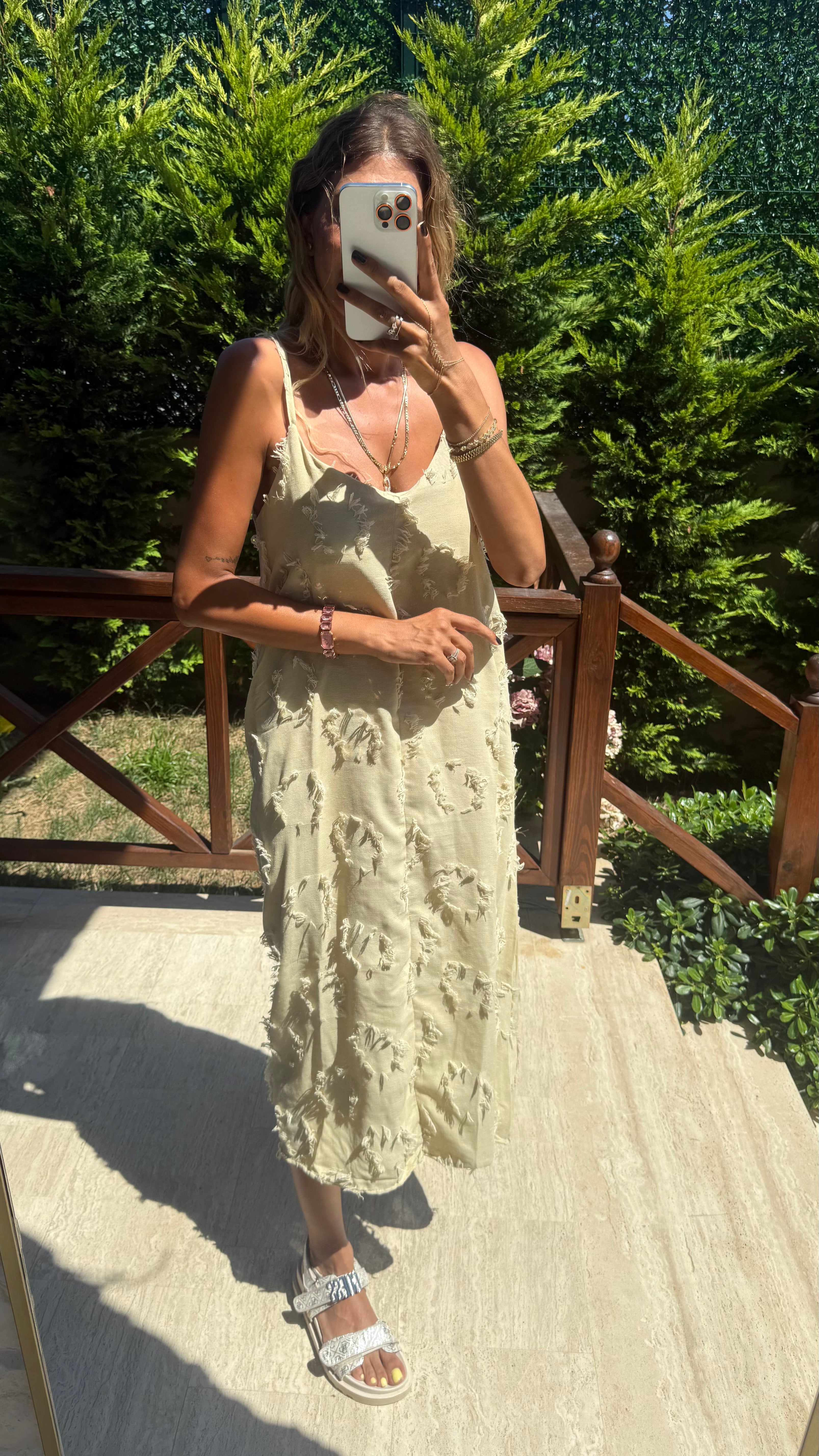 Sun Petals Askılı Dokulu Yazlık Midi Elbise Bej