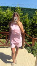 Linen Aura Kuşak Detaylı Kruvaze Yaka Kolsuz Şortlu Takım Pembe