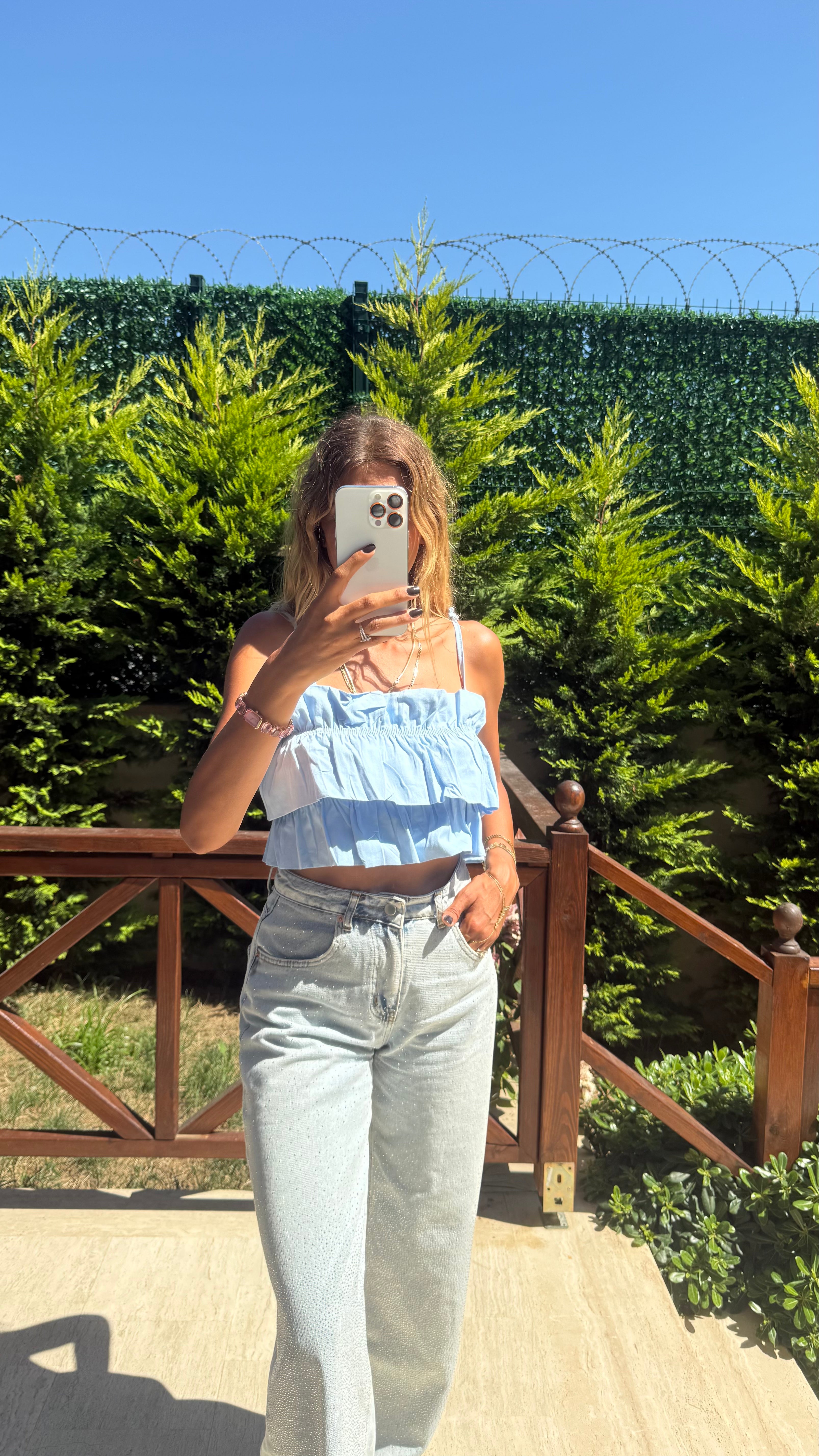 Cotton Candy Kat Kat Askılı Pembe Crop Bluz Mavi