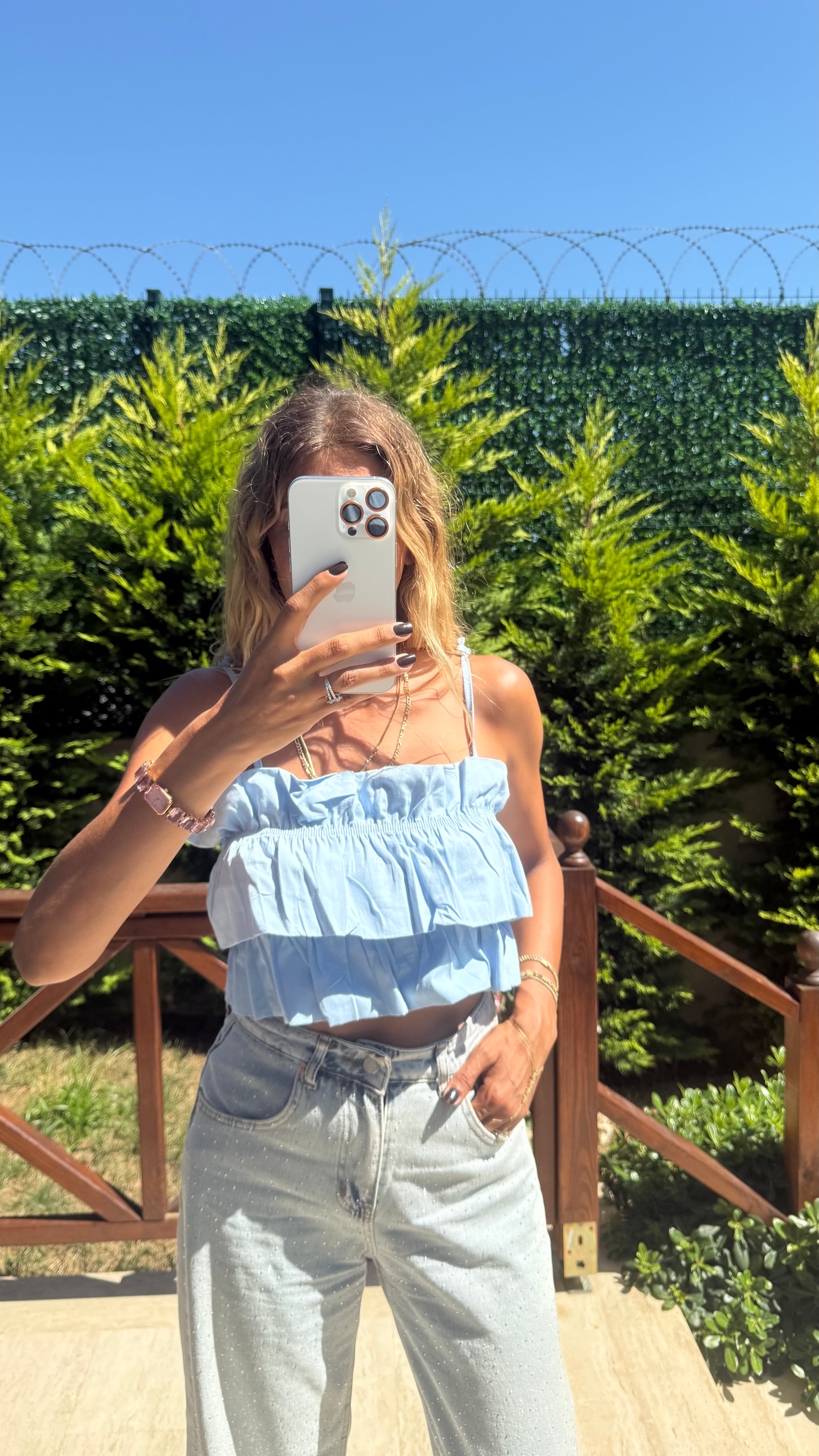 Cotton Candy Kat Kat Askılı Pembe Crop Bluz Mavi