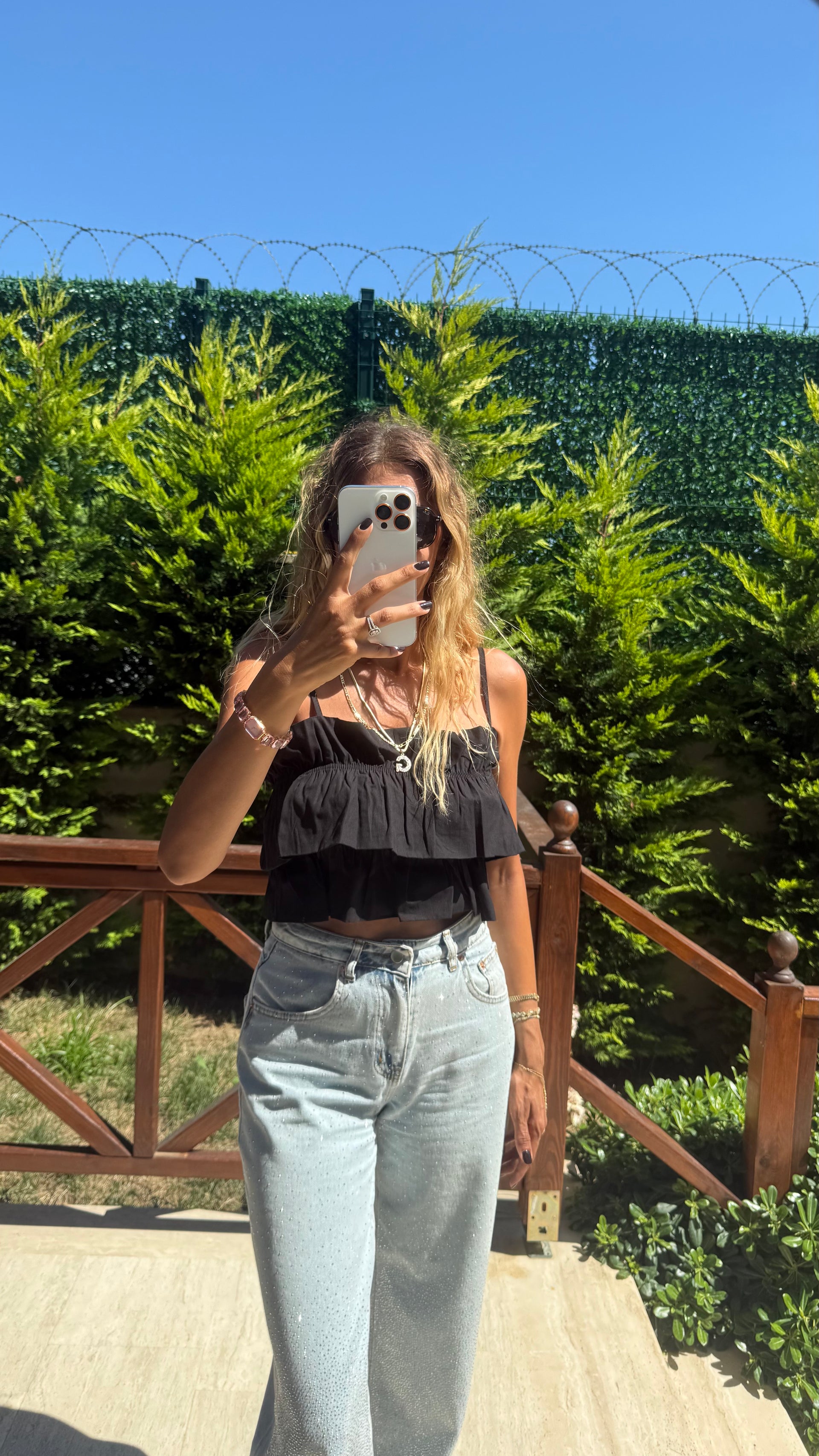 Cotton Candy Kat Kat Askılı Crop Bluz Siyah