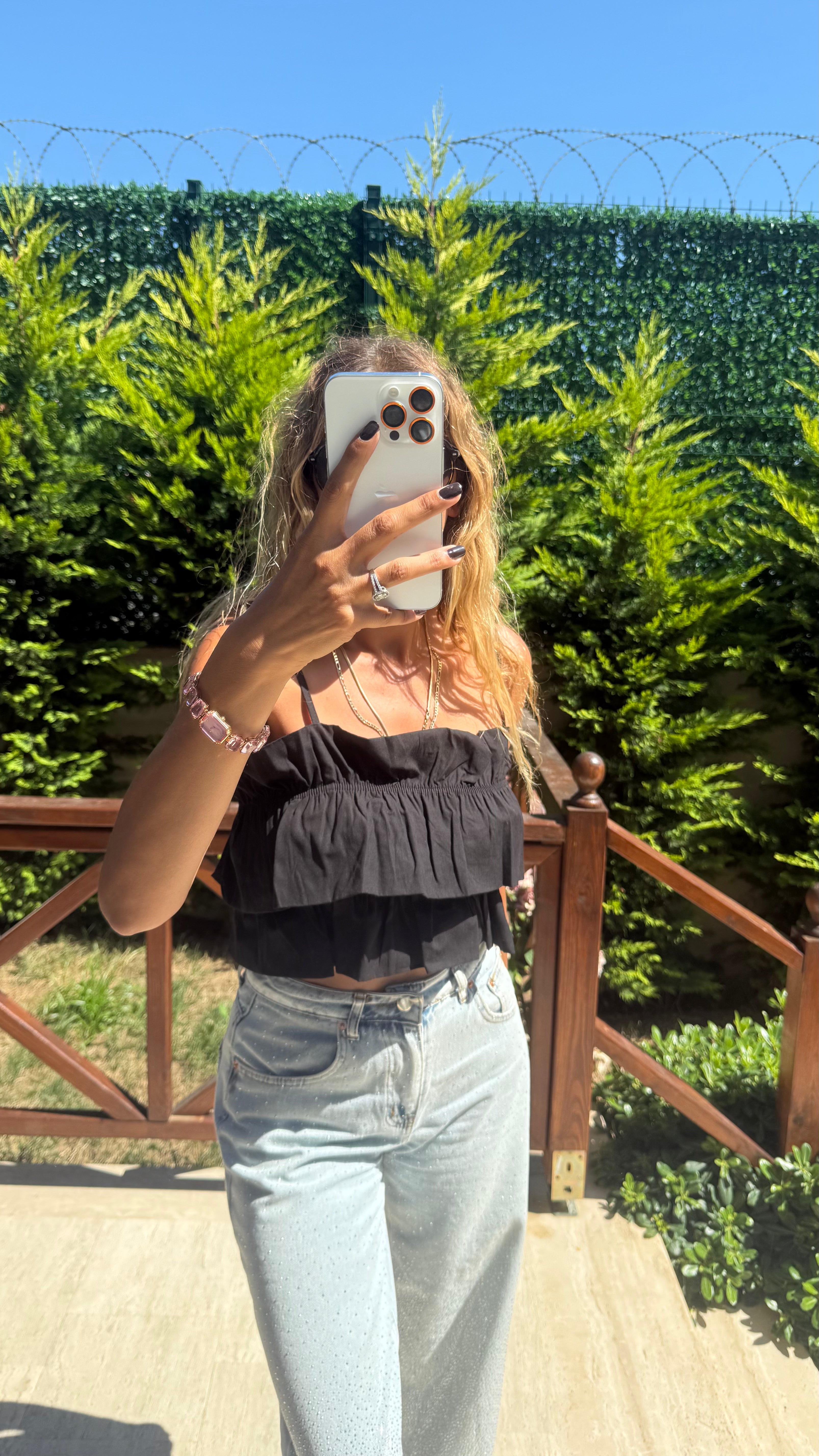 Cotton Candy Kat Kat Askılı Pembe Crop Bluz Siyah