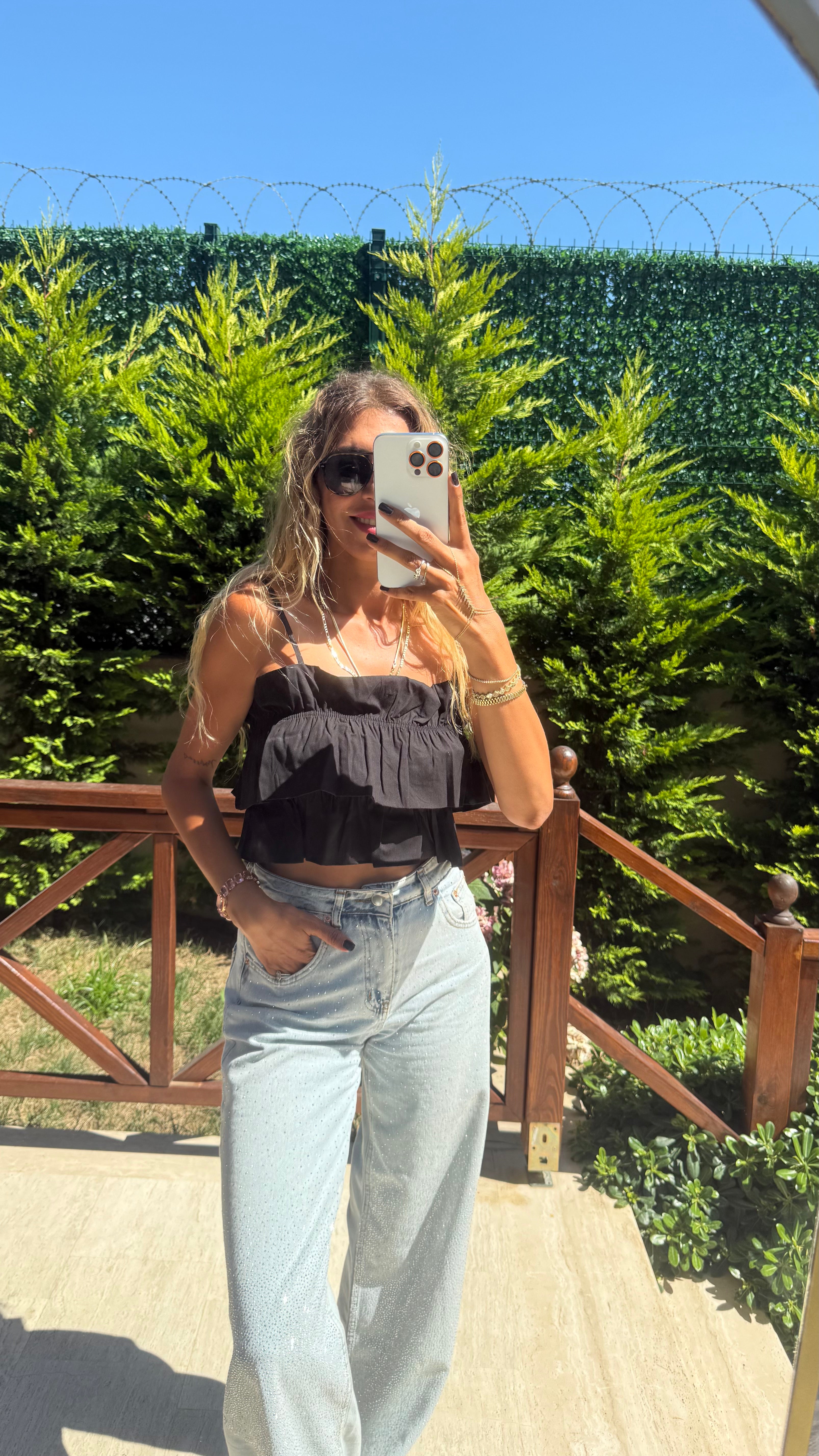 Cotton Candy Kat Kat Askılı Pembe Crop Bluz Siyah