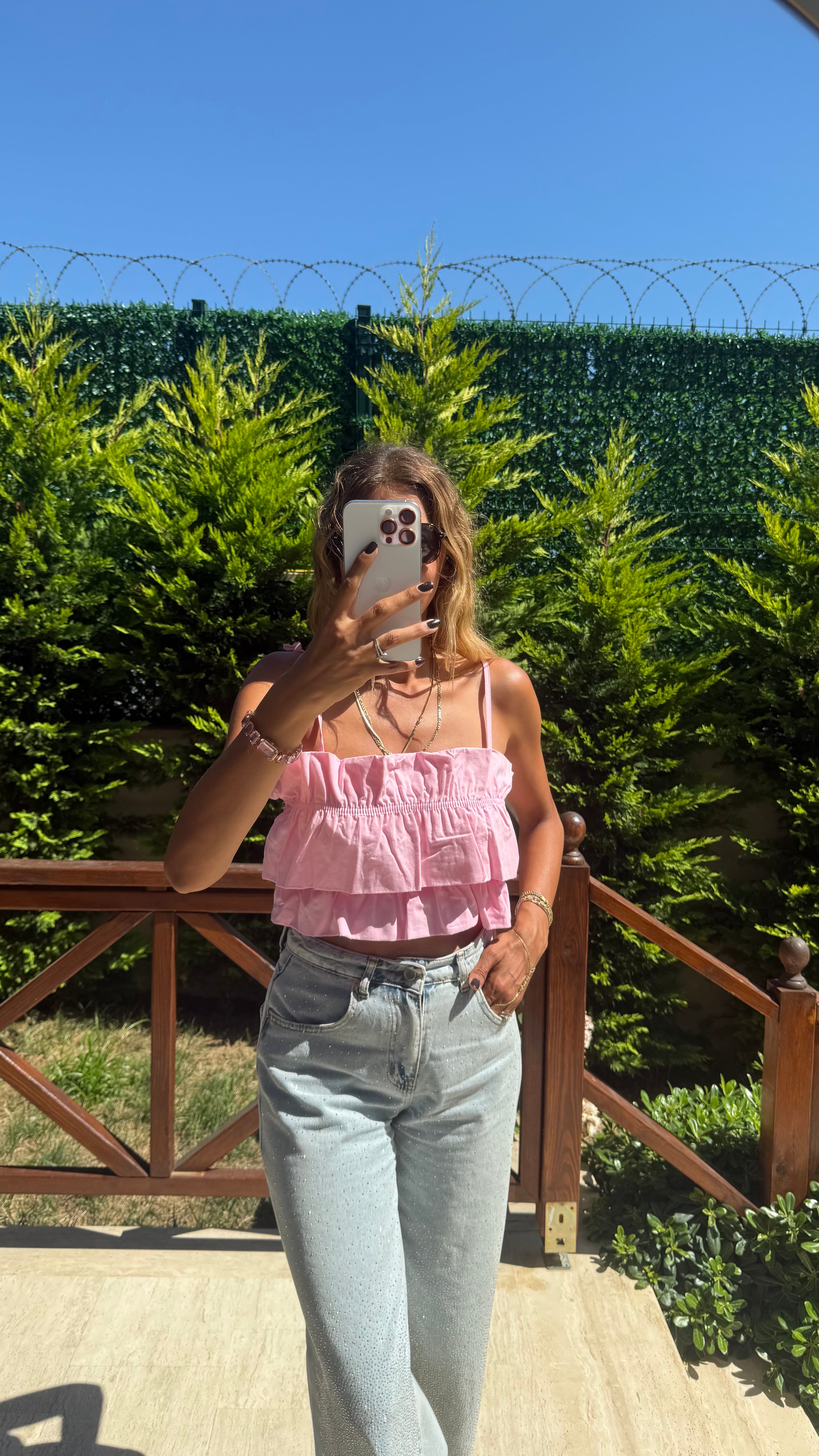 Cotton Candy Kat Kat Askılı Pembe Crop Bluz Pembe