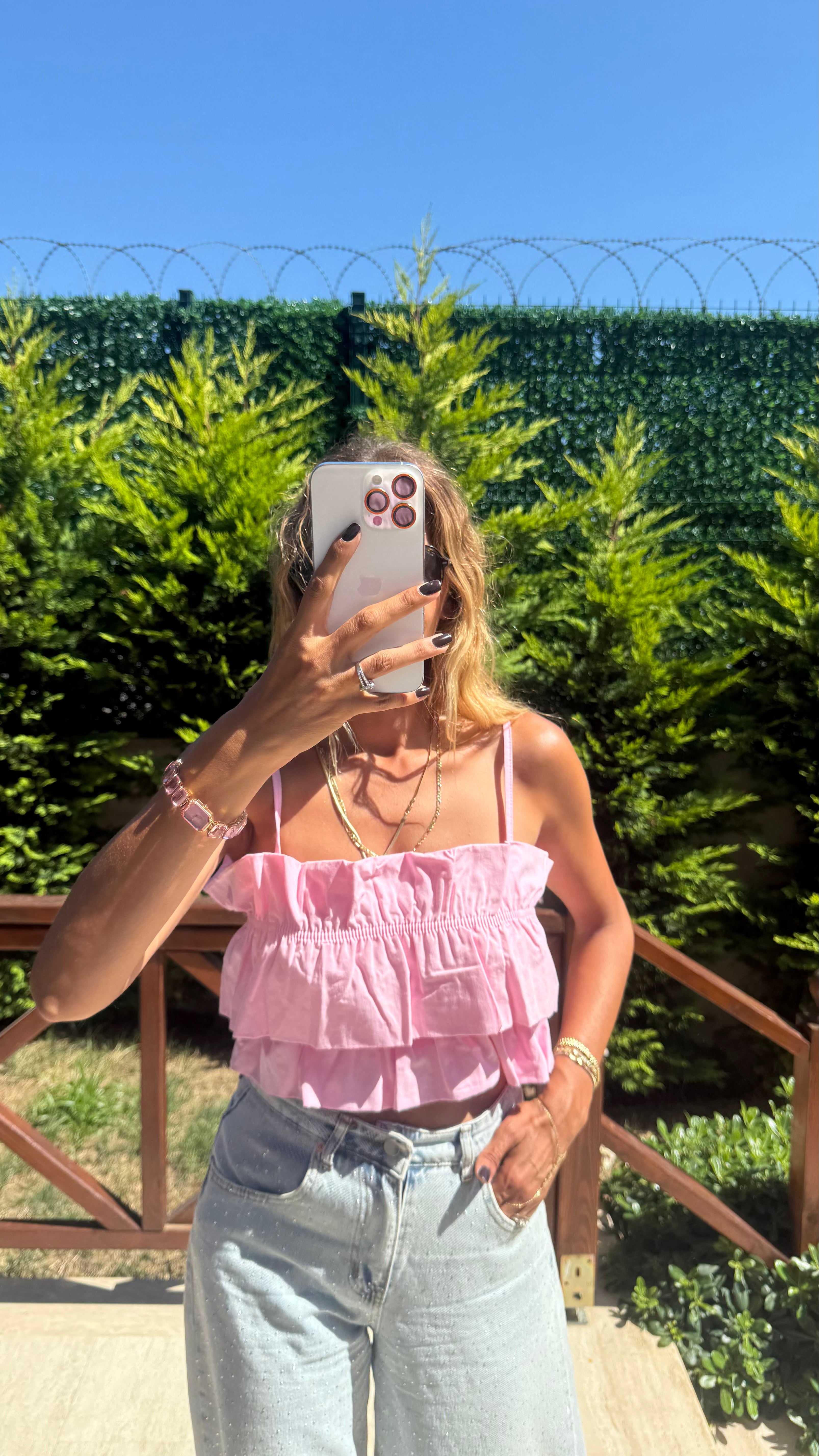 Cotton Candy Kat Kat Askılı Pembe Crop Bluz Pembe