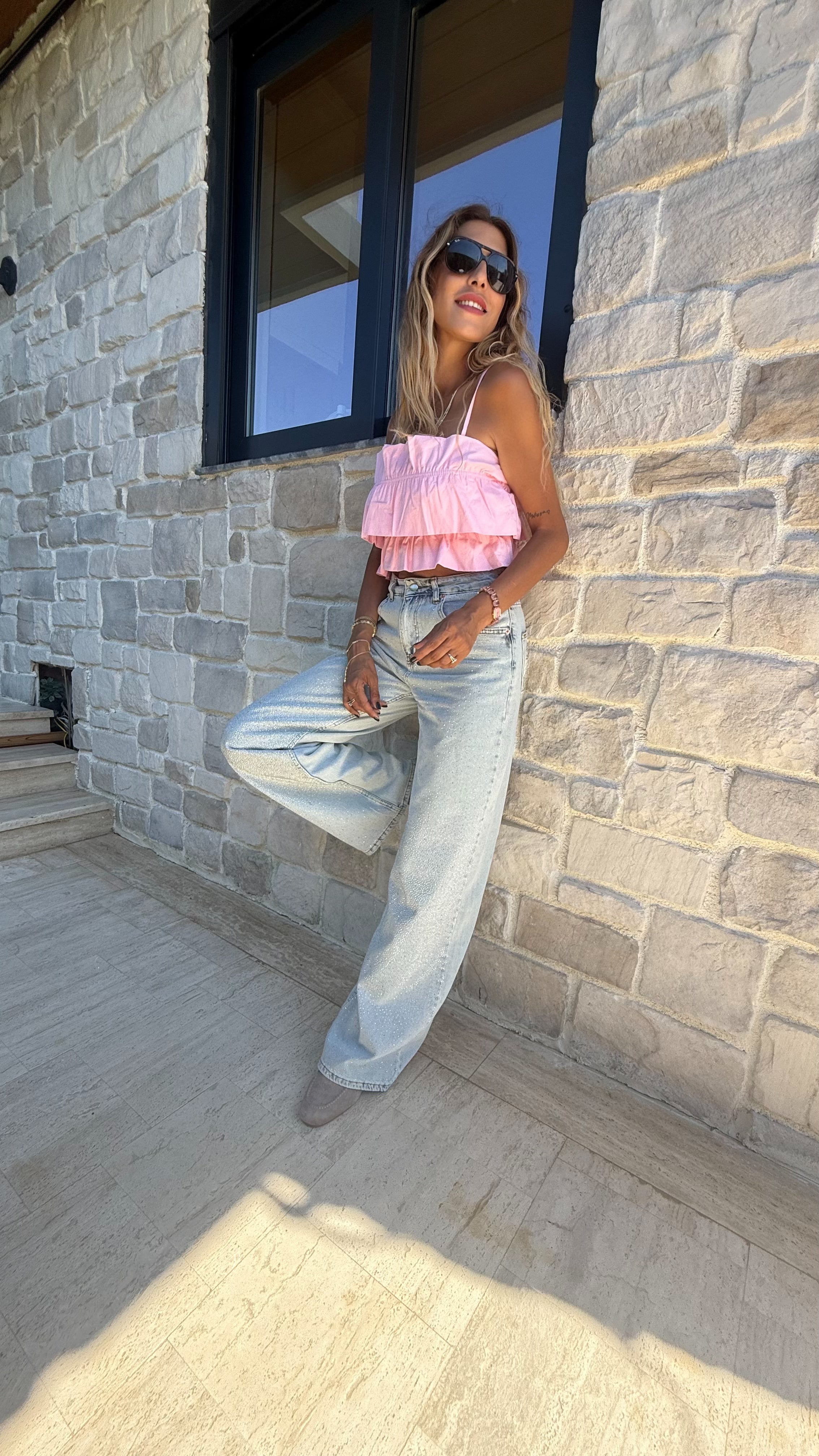 Cotton Candy Kat Kat Askılı Pembe Crop Bluz Pembe