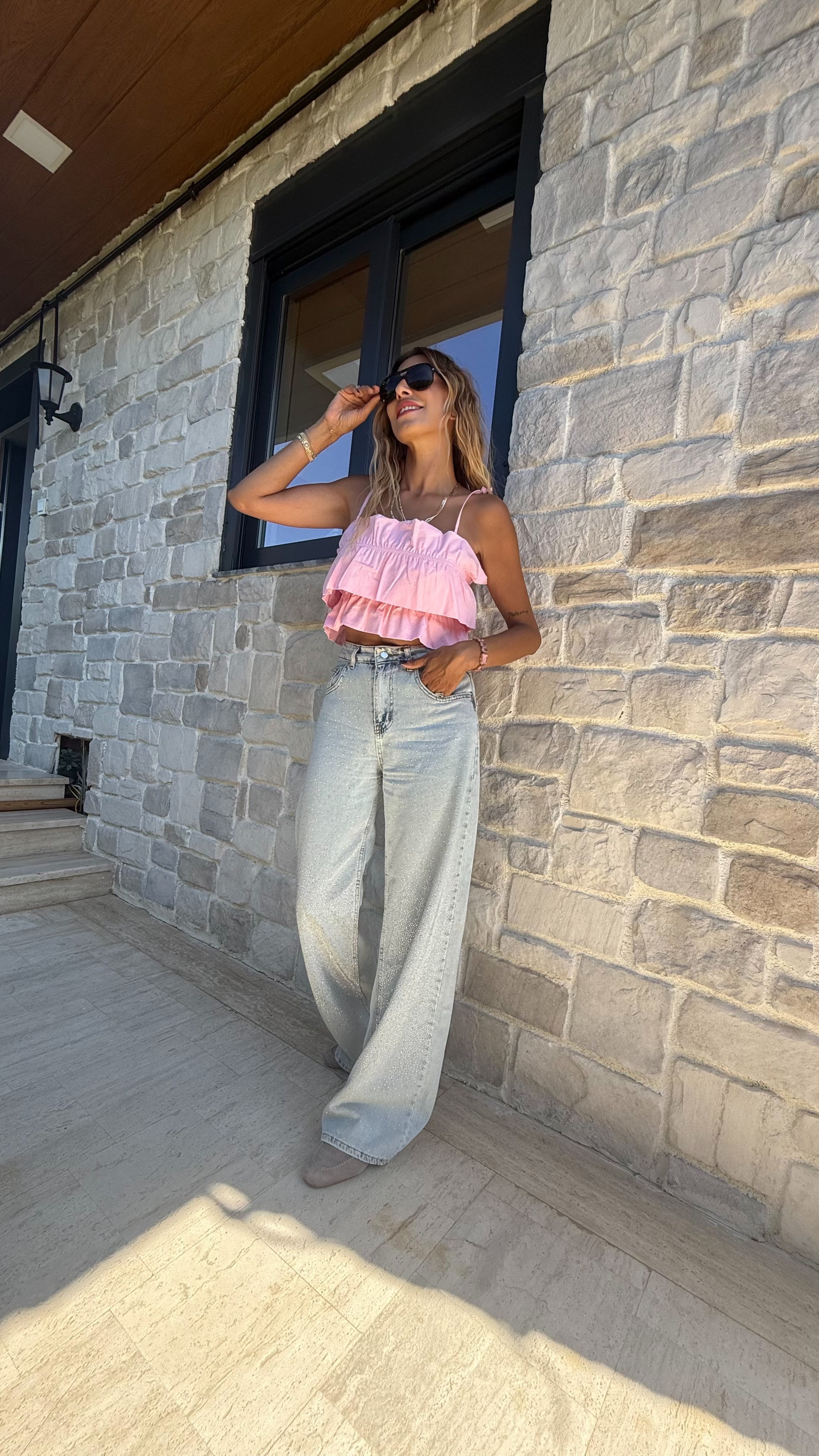 Cotton Candy Kat Kat Askılı Pembe Crop Bluz Pembe