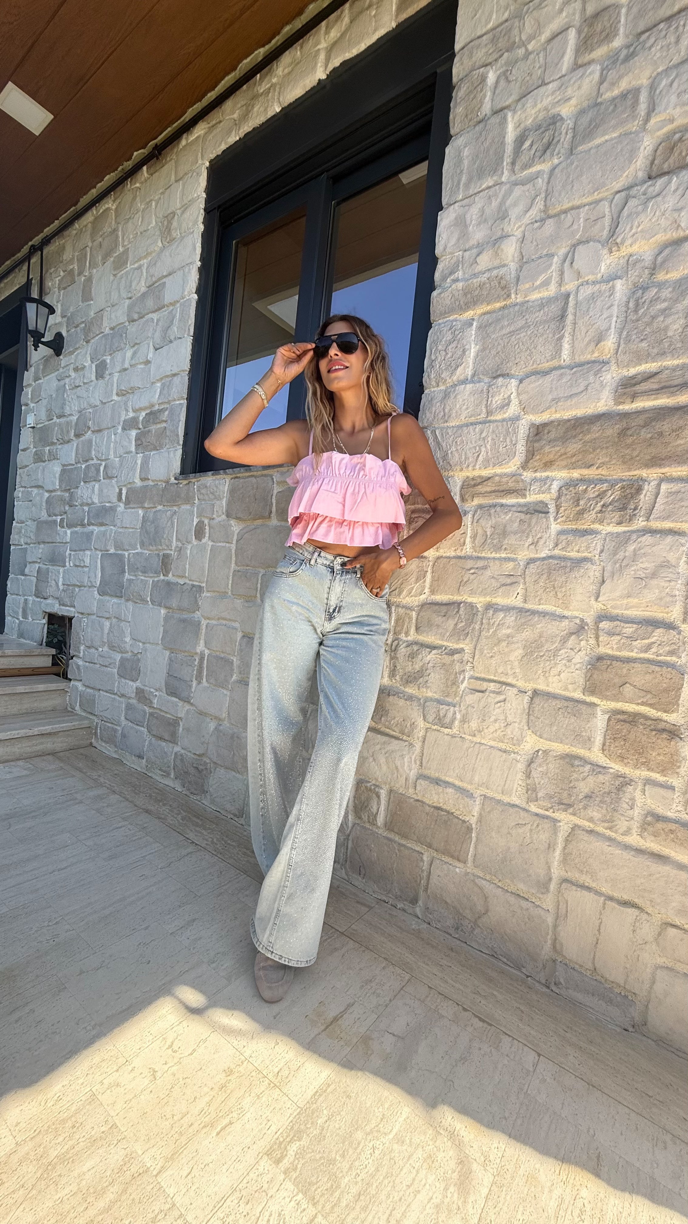 Cotton Candy Kat Kat Askılı Pembe Crop Bluz Pembe