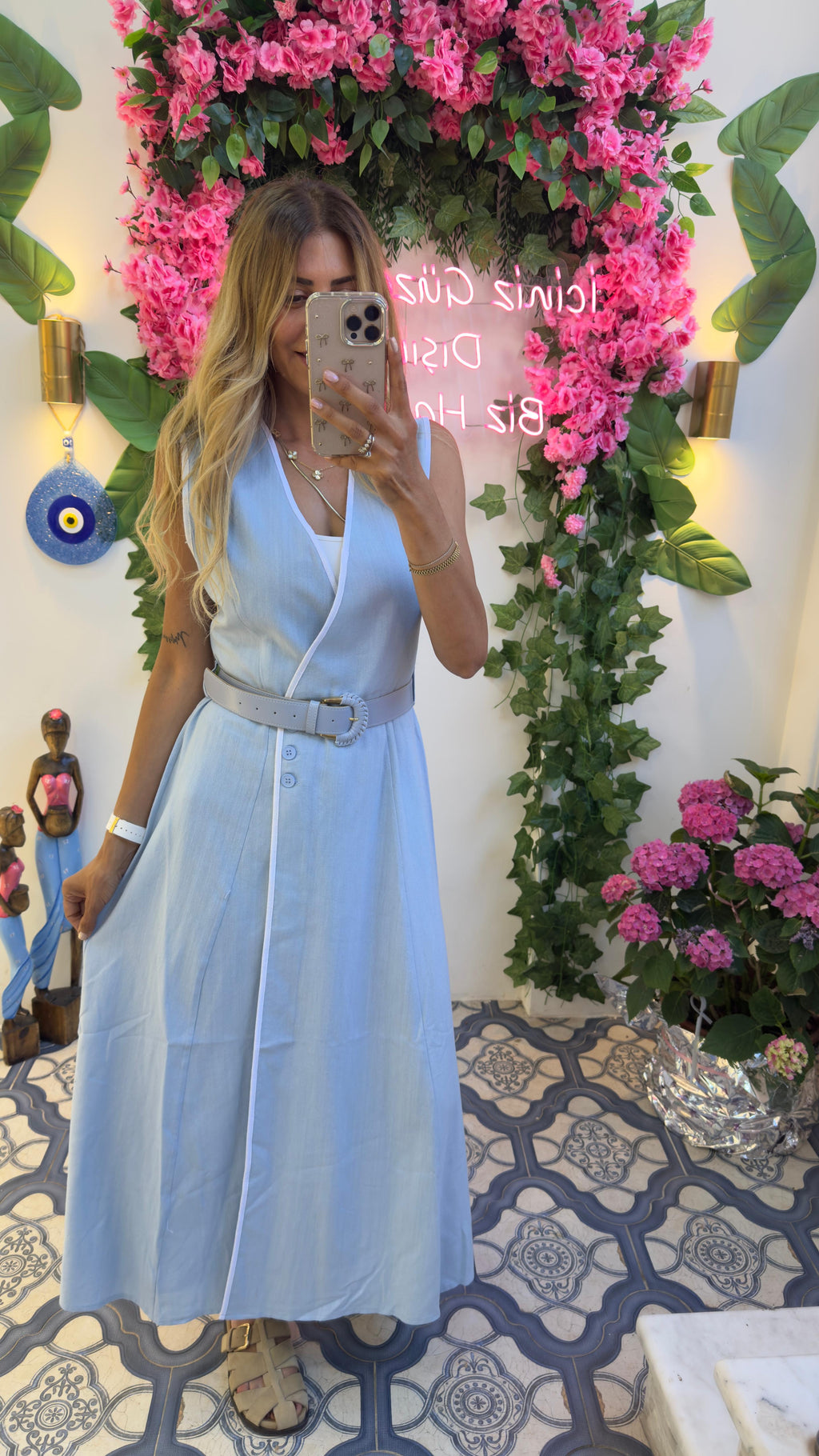 Linen Touch Kemerli Kruvaze Yazlık Elbise Mavi