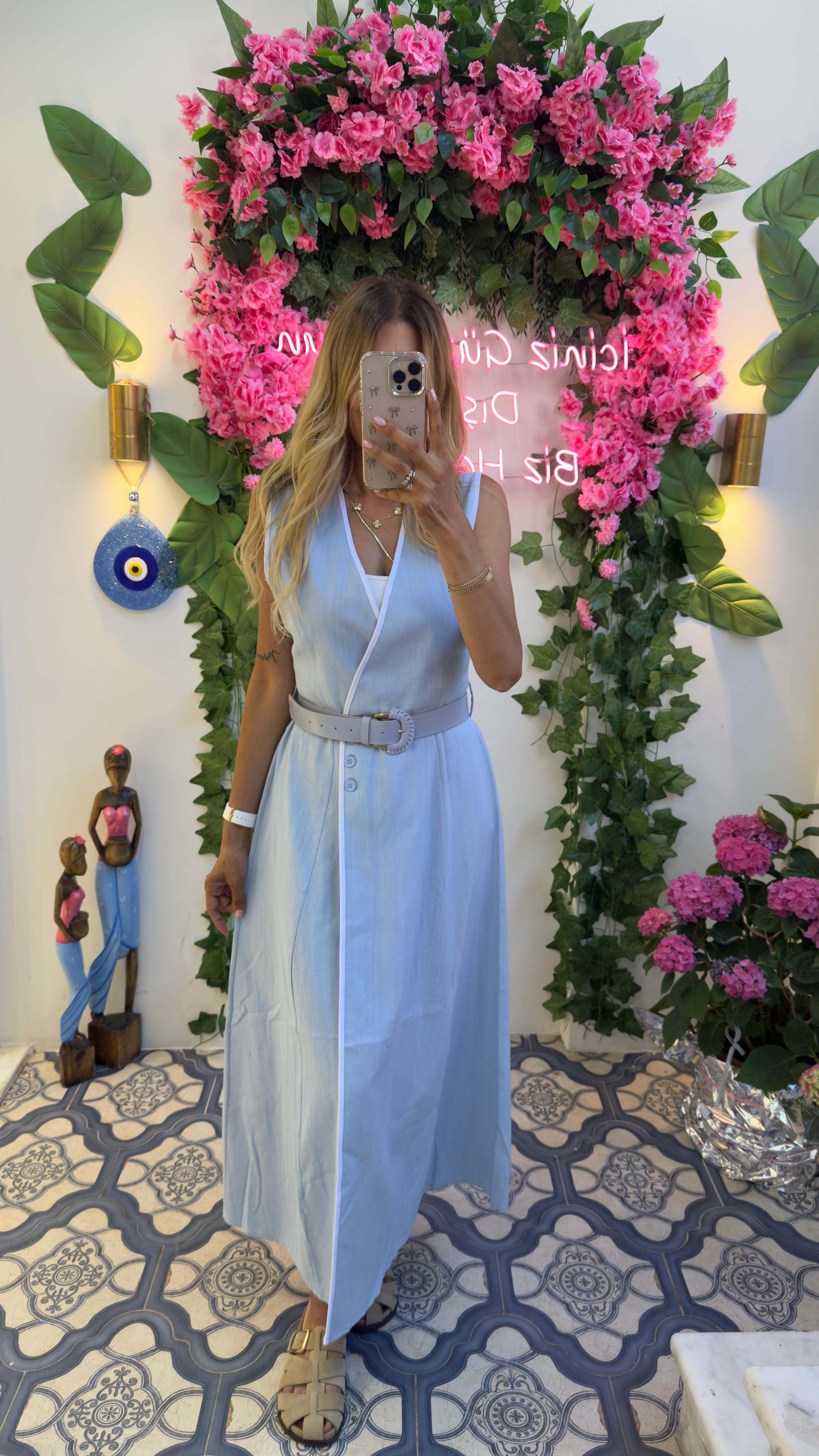 Linen Touch Kemerli Kruvaze Yazlık Elbise Mavi