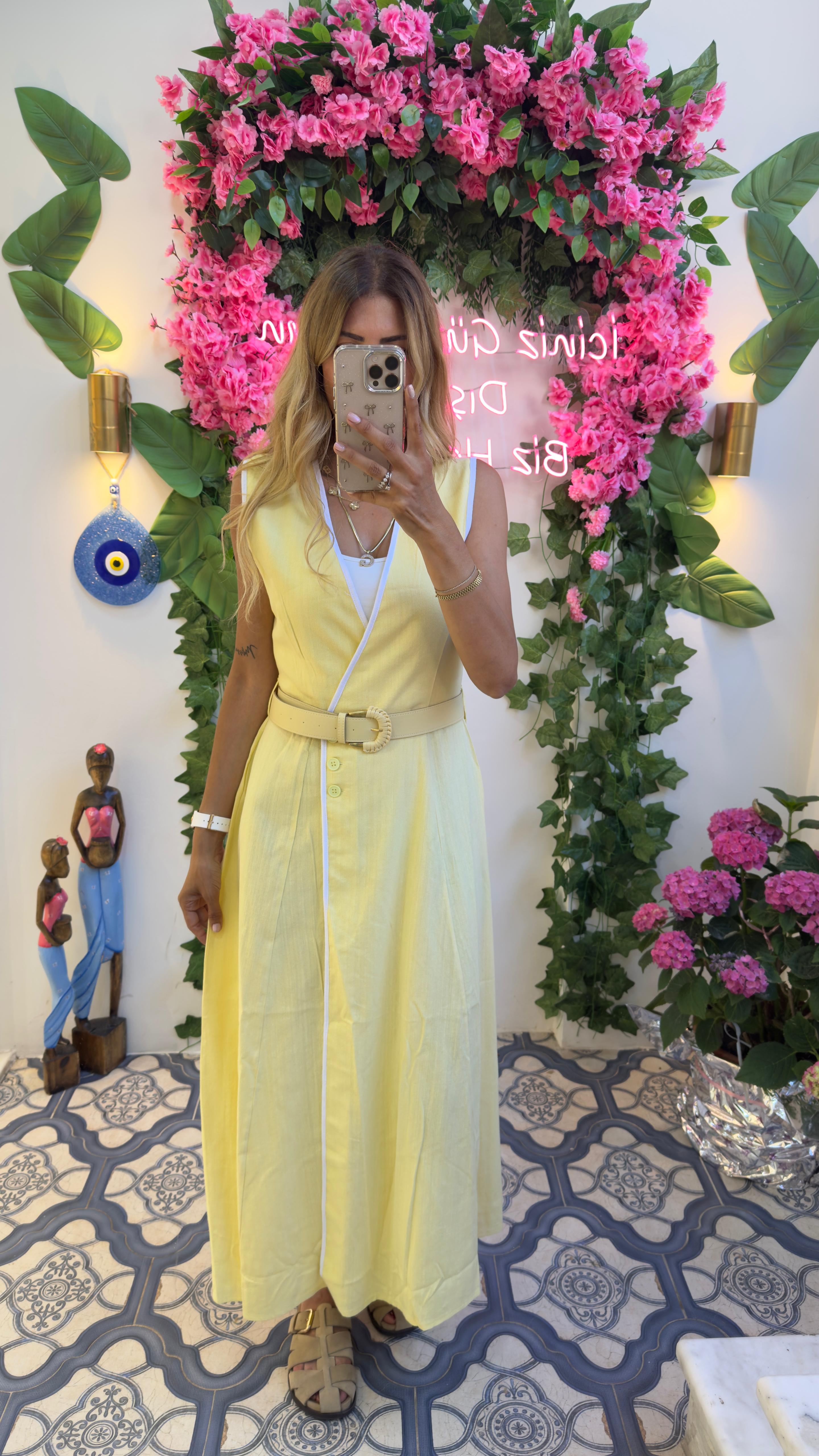 Linen Touch Kemerli Kruvaze Yazlık Elbise Sarı
