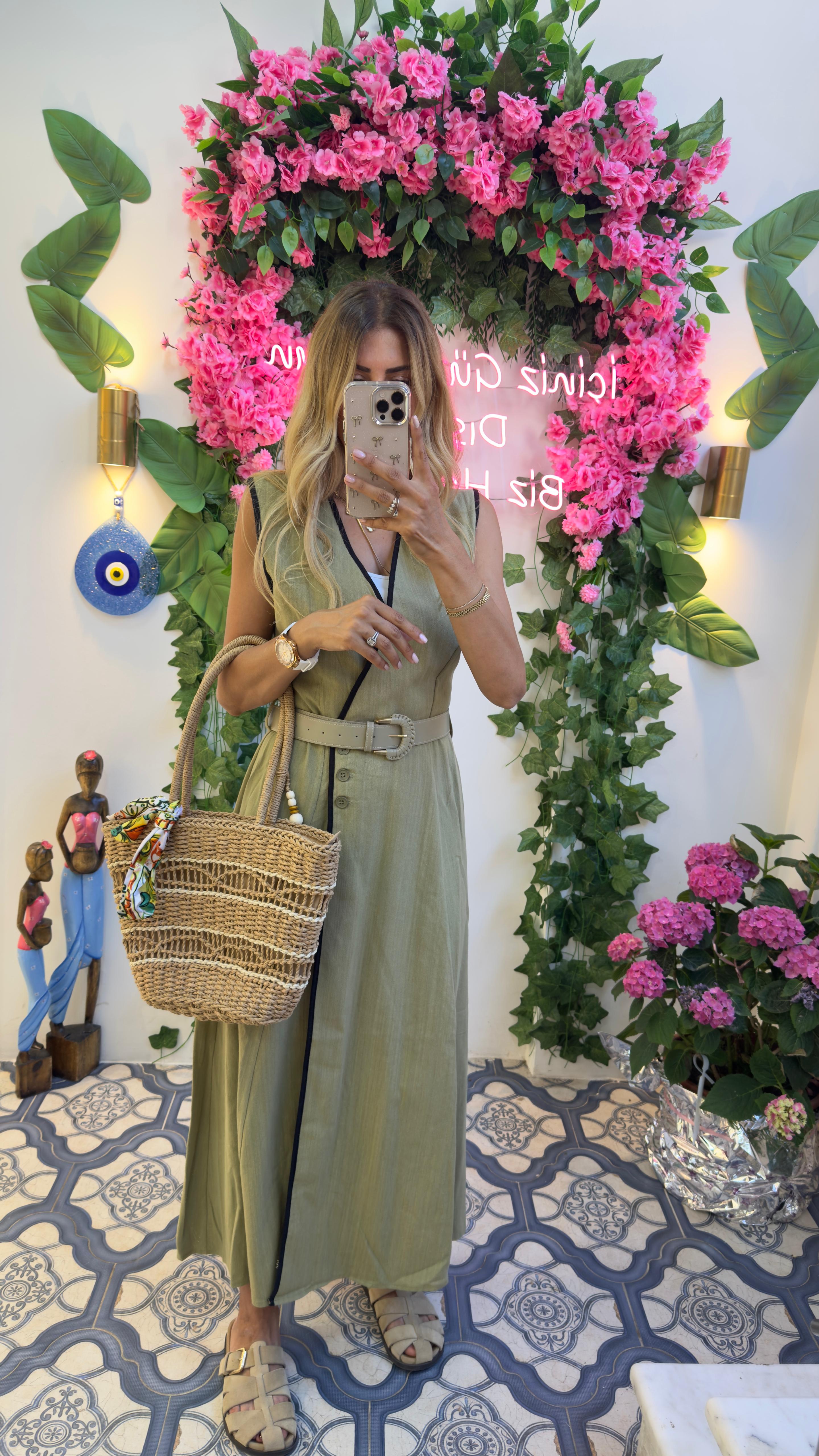 Linen Touch Kemerli Kruvaze Yazlık Elbise Yeşil