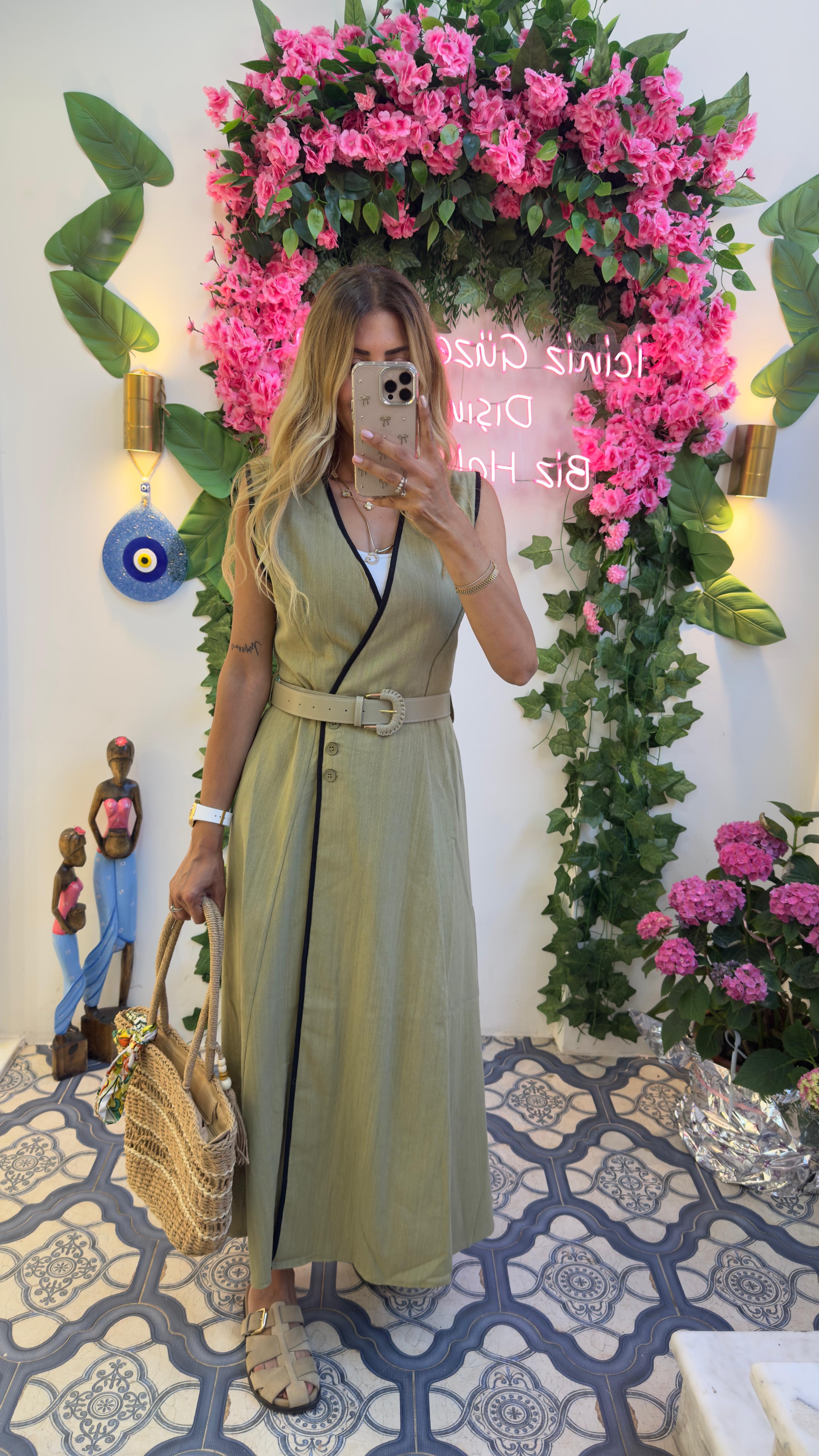 Linen Touch Kemerli Kruvaze Yazlık Elbise Yeşil