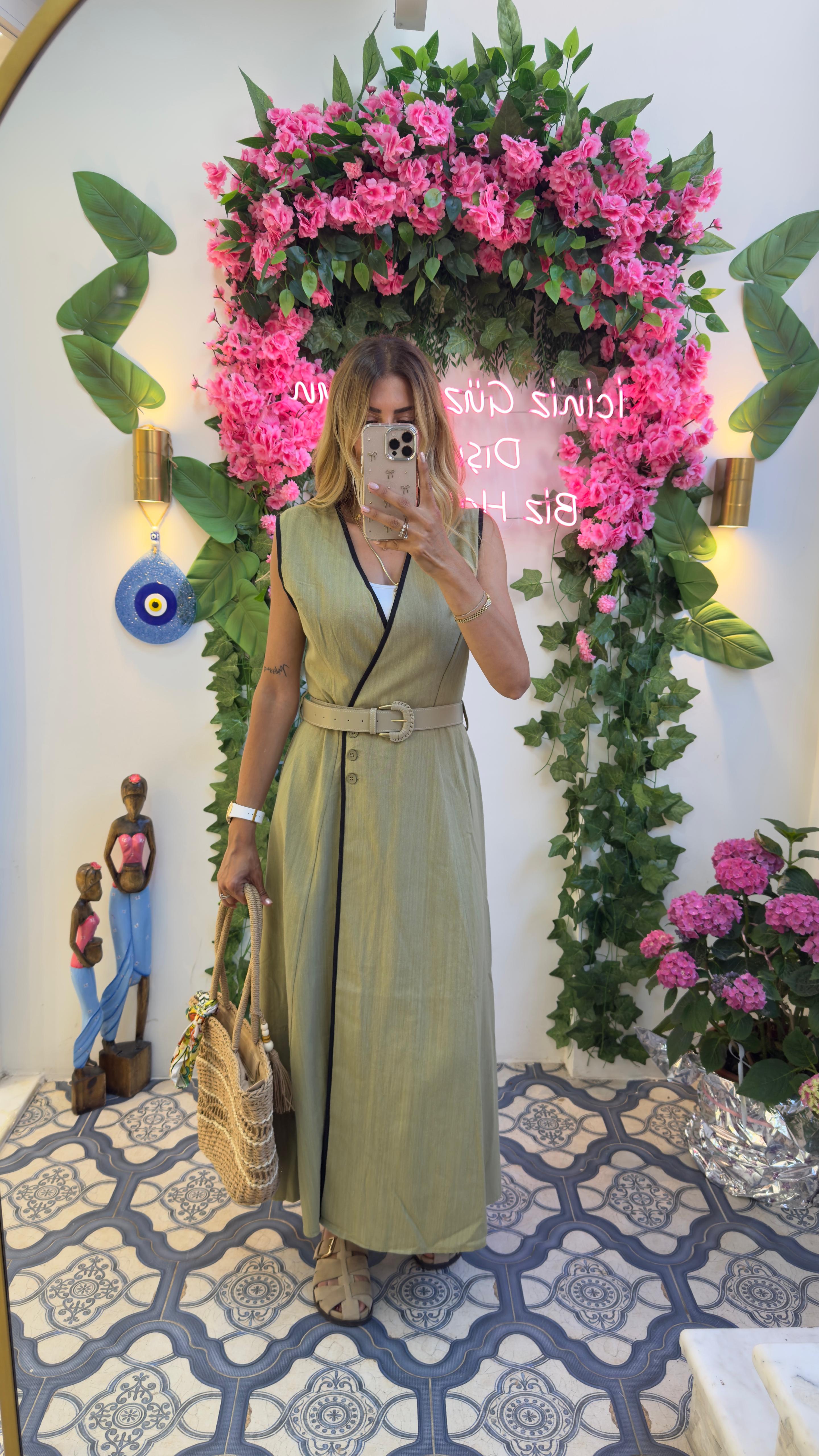 Linen Touch Kemerli Kruvaze Yazlık Elbise Yeşil